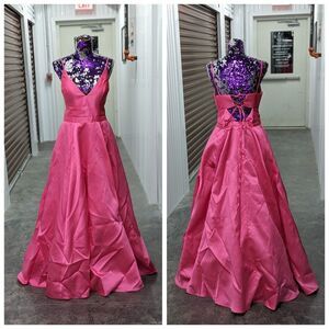 JVN by Jovani Size 12 Pink Satin Corset Lace Up Back Ball Gown Dress w Pockets